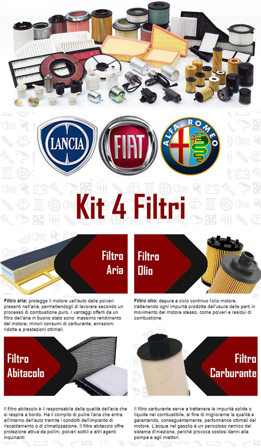 KIT 4 FILTRI - TAGLIANDO COMPLETO LANCIA YPSILON 843 - 1.3 MultiJet 70 –  Diemmericambi